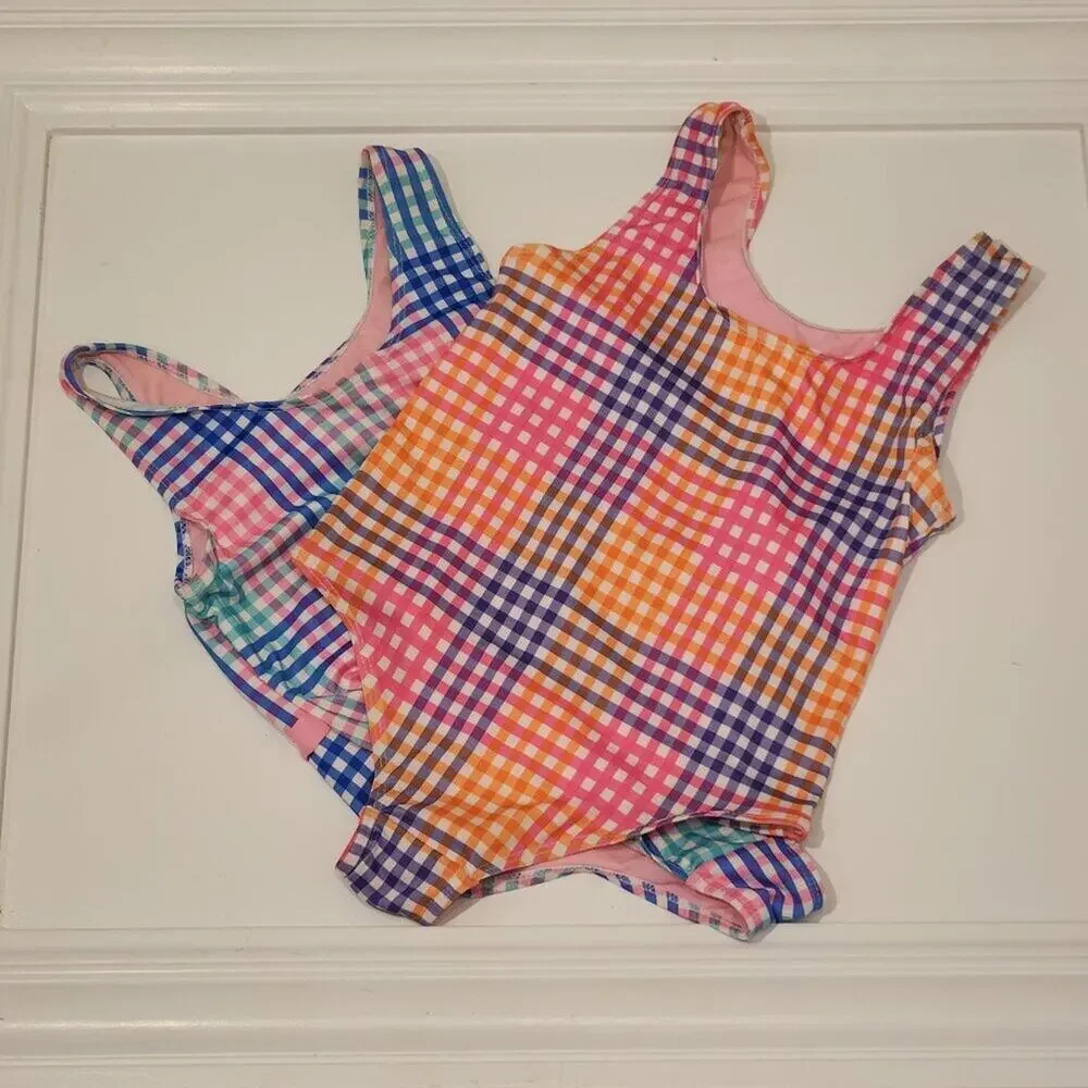 Pink Platinum Girls Swimsuits -Lot of 2- Scoop Neck Belted Plaid - Size 10/12